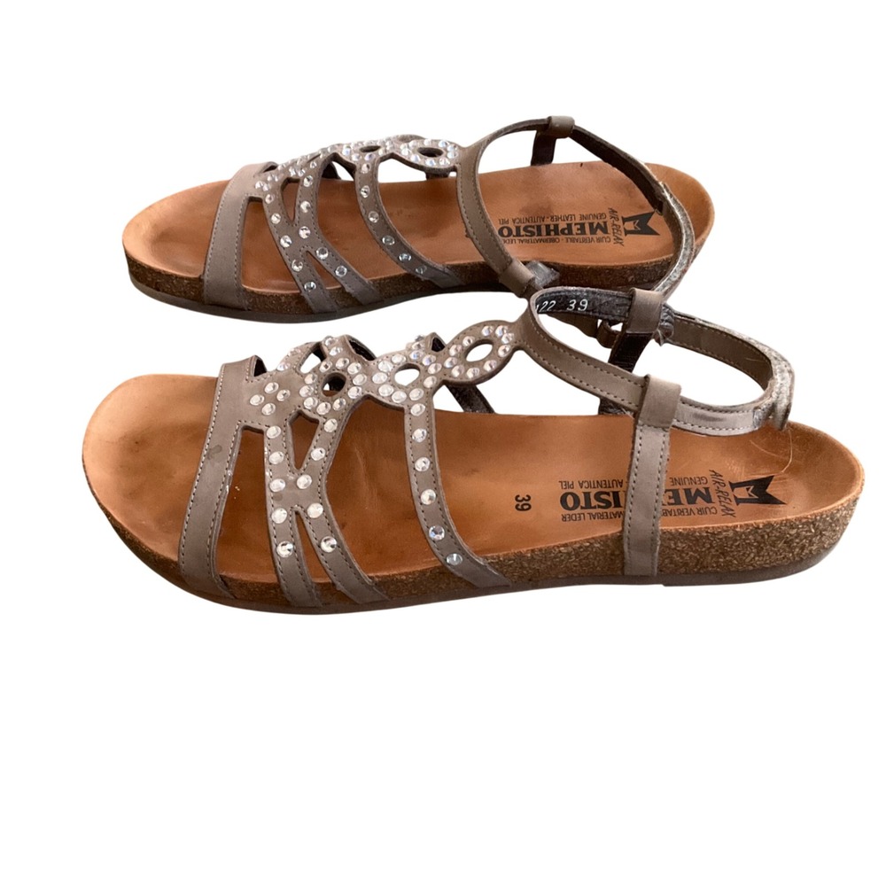 Mephisto Sandals Women 39 Taupe Rhinestone Embellished Air-Relax Leather
